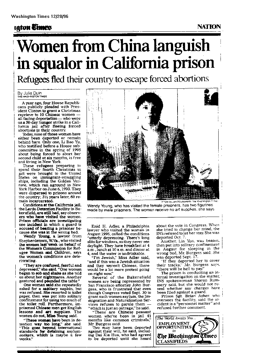 Washington Times article 12/20/96 on detention conditions for Chinese women