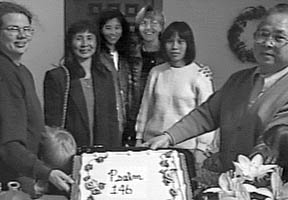 Freedom party at the LifeHouse: Terri Palmquist, 'Ing' (one of the free refugees), Zheng Fong Zhen, Beth Herblet (who played a key role in securing Fong Zhen's release), Lin Li Juan, and Pastor Timothy Leong (who held Chinese church services for the refugees at Lerdo).  